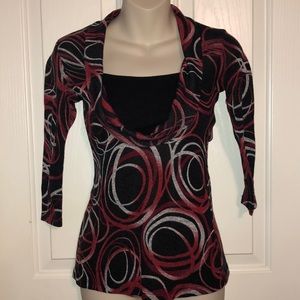 Red and Black Pattern Cowl Neck Sweater 3/4 Sleeve